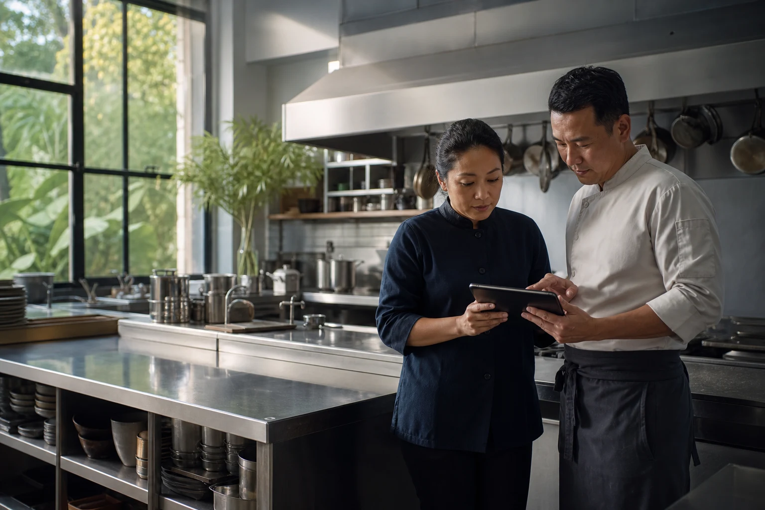 A restaurant manager and chef calmly reviewing operational details together in a sunlit kitchen
